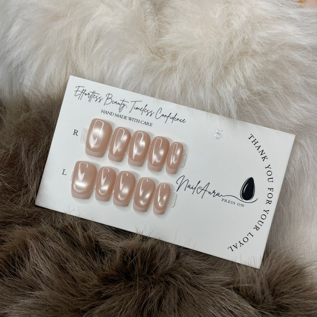 💗Squoval White Cat Eye French, Glazed Nude Perfection.