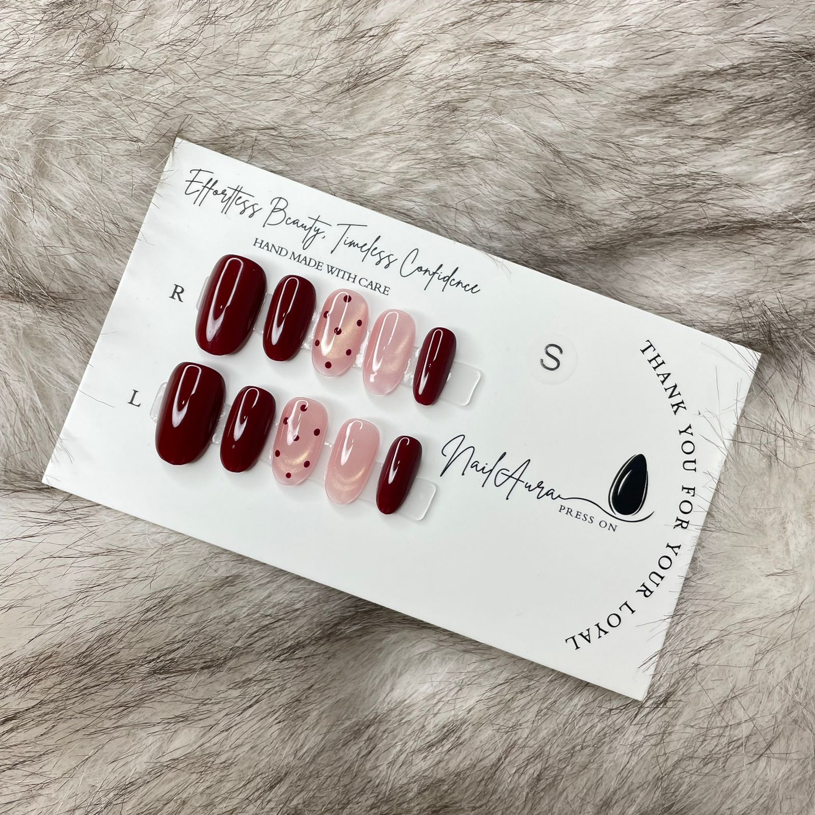 💗Burgundy Romance Oval – Glossy Red & Nude Polka Press-On Nails.